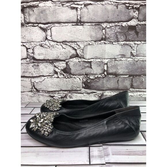 Vera Wang Black Leather Crystal Embellished Ballet Flats Shoes Women sz 5M US/35 - Picture 1 of 16